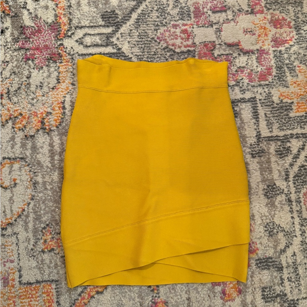 BCBG Yellow Mini Pencil Skirt with Asymmetrical Design for Cocktail